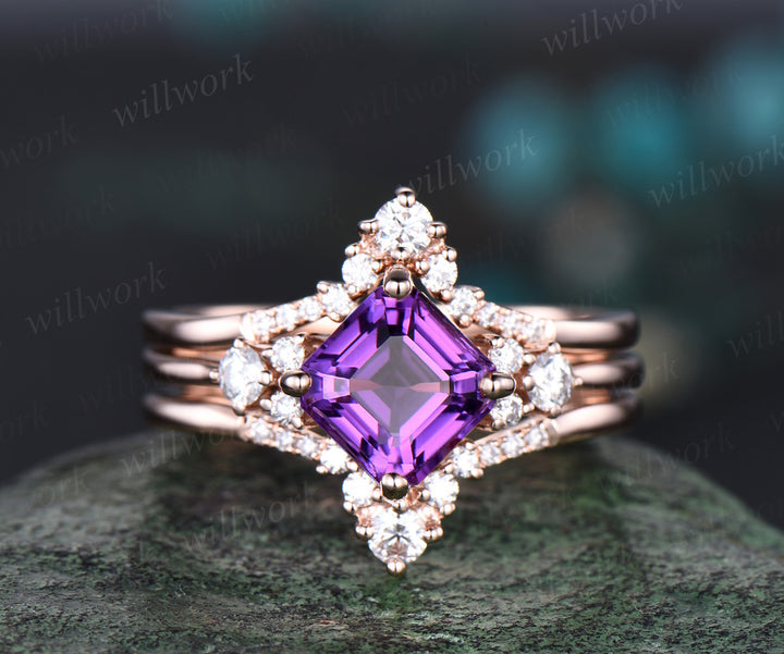 Asscher cut amethyst ring gold vintage purple amethyst engagement ring set 14k rose gold moissanite ring unique promise ring set women gift