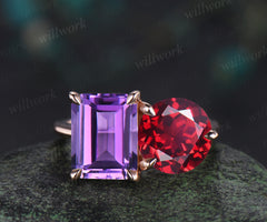 Two stone emerald cut amethyst round shape ruby engagement ring Toi et Moi ring promise anniversary gifts for her