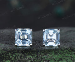 Unique asscher cut aquamarine earrings March birthstone stud earrings solitaire pierced earrings gifts for her