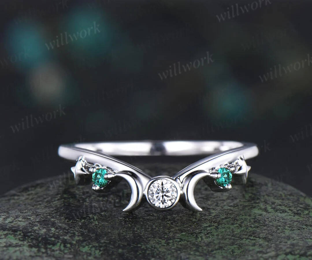 Round natural moss agate ring vintage white gold moon five stone unique engagement ring emerald bezel sun star ring jewelry