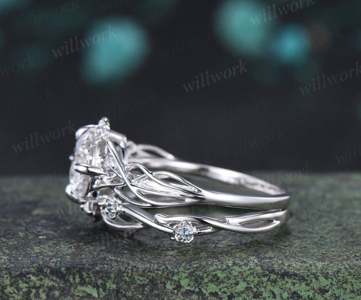Round Moissanite Floral Ring 4 Prongs Twisted Promise Ring London Blue Topaz Leaf Vine Wedding Band Unique Bridal Ring