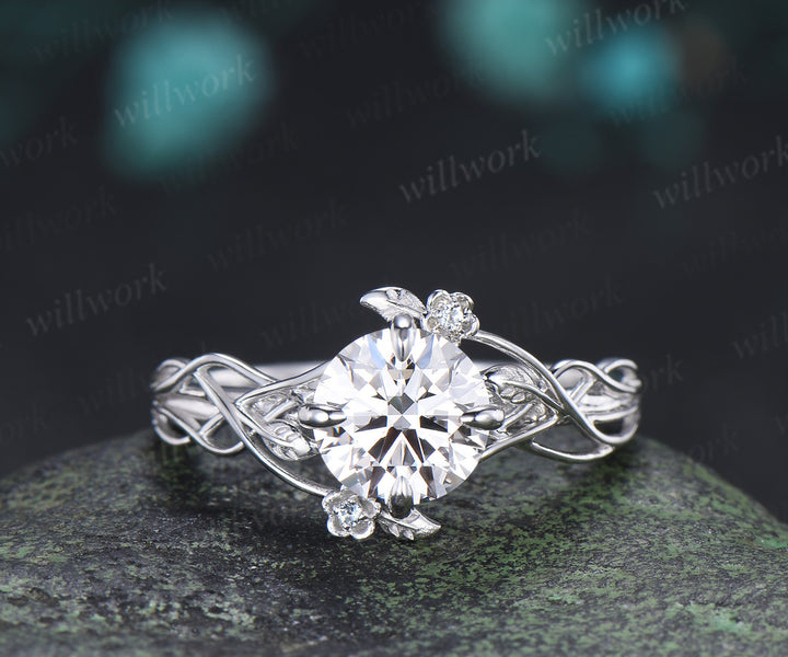 Round Moissanite Floral Ring 4 Prongs Twisted Promise Ring London Blue Topaz Leaf Vine Wedding Band Unique Bridal Ring