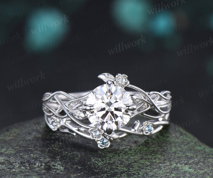 Round Moissanite Floral Ring 4 Prongs Twisted Promise Ring London Blue Topaz Leaf Vine Wedding Band Unique Bridal Ring