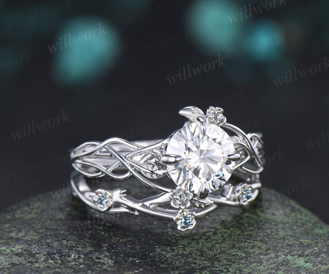Round Moissanite Floral Ring 4 Prongs Twisted Promise Ring London Blue Topaz Leaf Vine Wedding Band Unique Bridal Ring