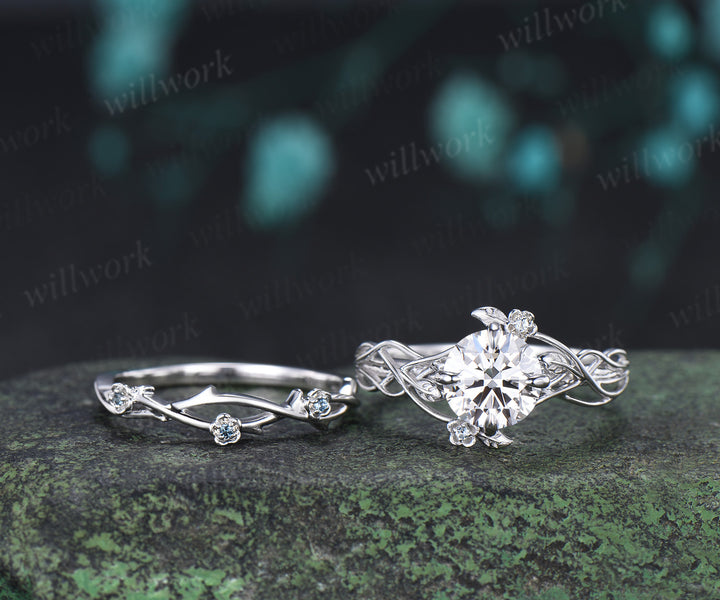 Round Moissanite Floral Ring 4 Prongs Twisted Promise Ring London Blue Topaz Leaf Vine Wedding Band Unique Bridal Ring