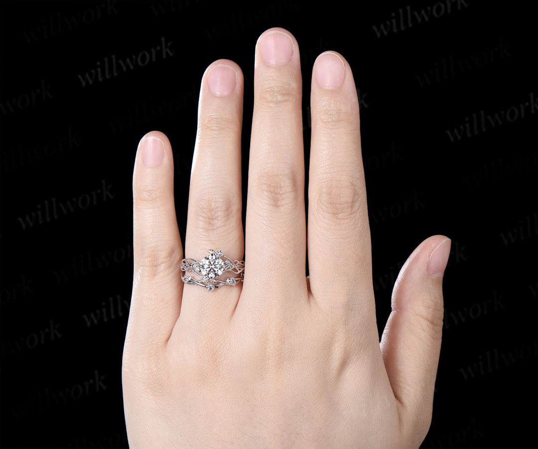 Round Moissanite Floral Ring 4 Prongs Twisted Promise Ring London Blue Topaz Leaf Vine Wedding Band Unique Bridal Ring