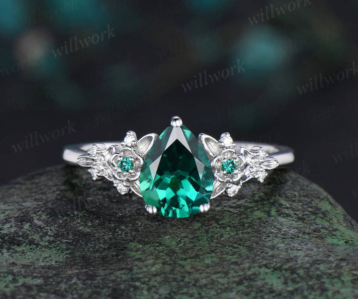 Vintage pear green emerald engagement ring rose gold twig leaf floral antique unique cluster diamond bridal wedding ring set women gift