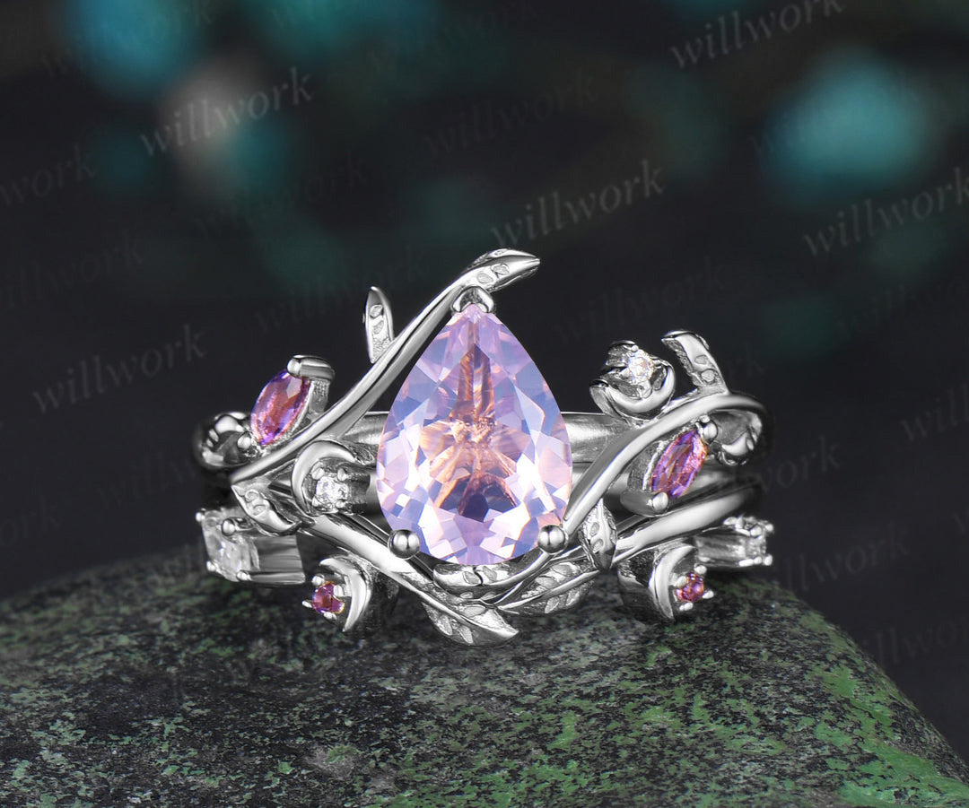 Vintage pear shaped Lavender Amethyst engagement ring rose gold nature inspired leaf moon moissanite wedding bridal ring set women