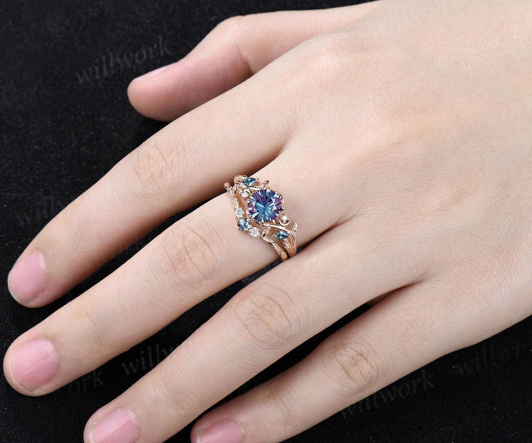 1CT Fireworks Cut Alexanrite Ring Set Leaf Vine Art Dece Moon Promise Ring Diamond Alexandrite Wedding Band Vintage Bridal Set