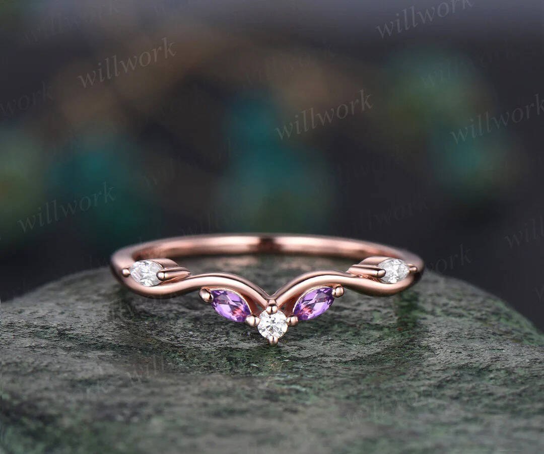 October birthstone Hexagon Opal Engagement Ring Set 14k Rose Gold Amethyst Moissanite Moon Wedding Ring Five Stone 2pcs Bridal Ring Set