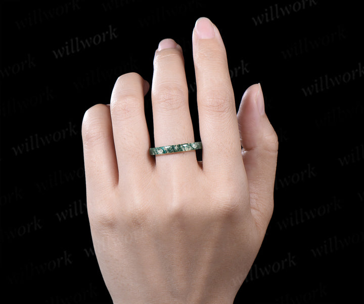 3mm natural moss agate band minimalist men band anniversary birthday gifts for him