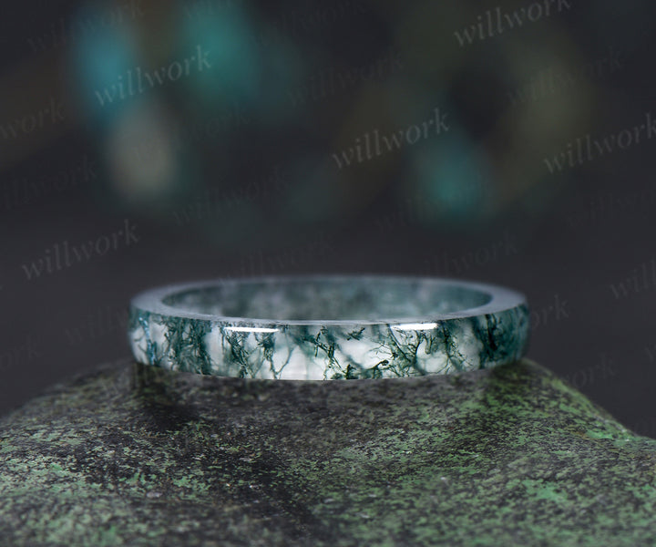 3mm natural moss agate band minimalist men band anniversary birthday gifts for him