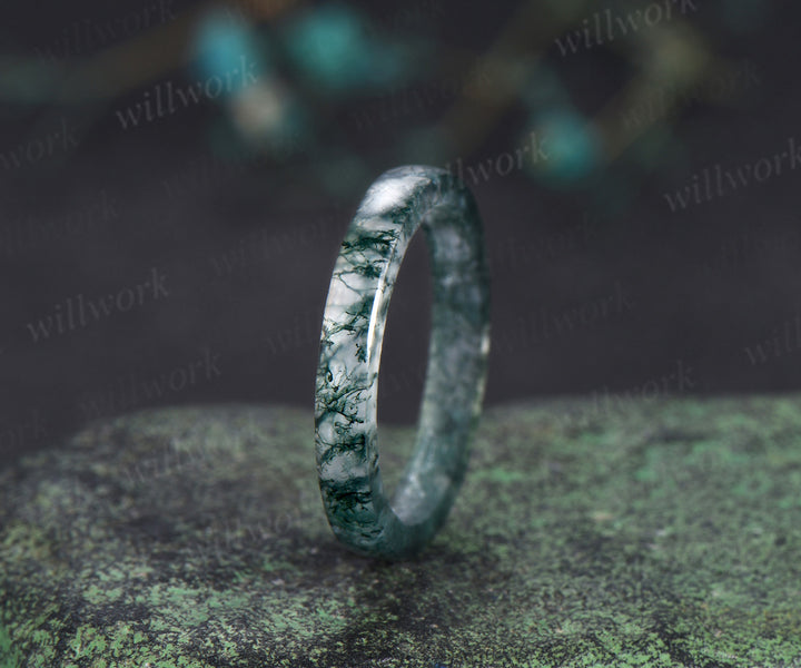3mm natural moss agate band minimalist men band anniversary birthday gifts for him
