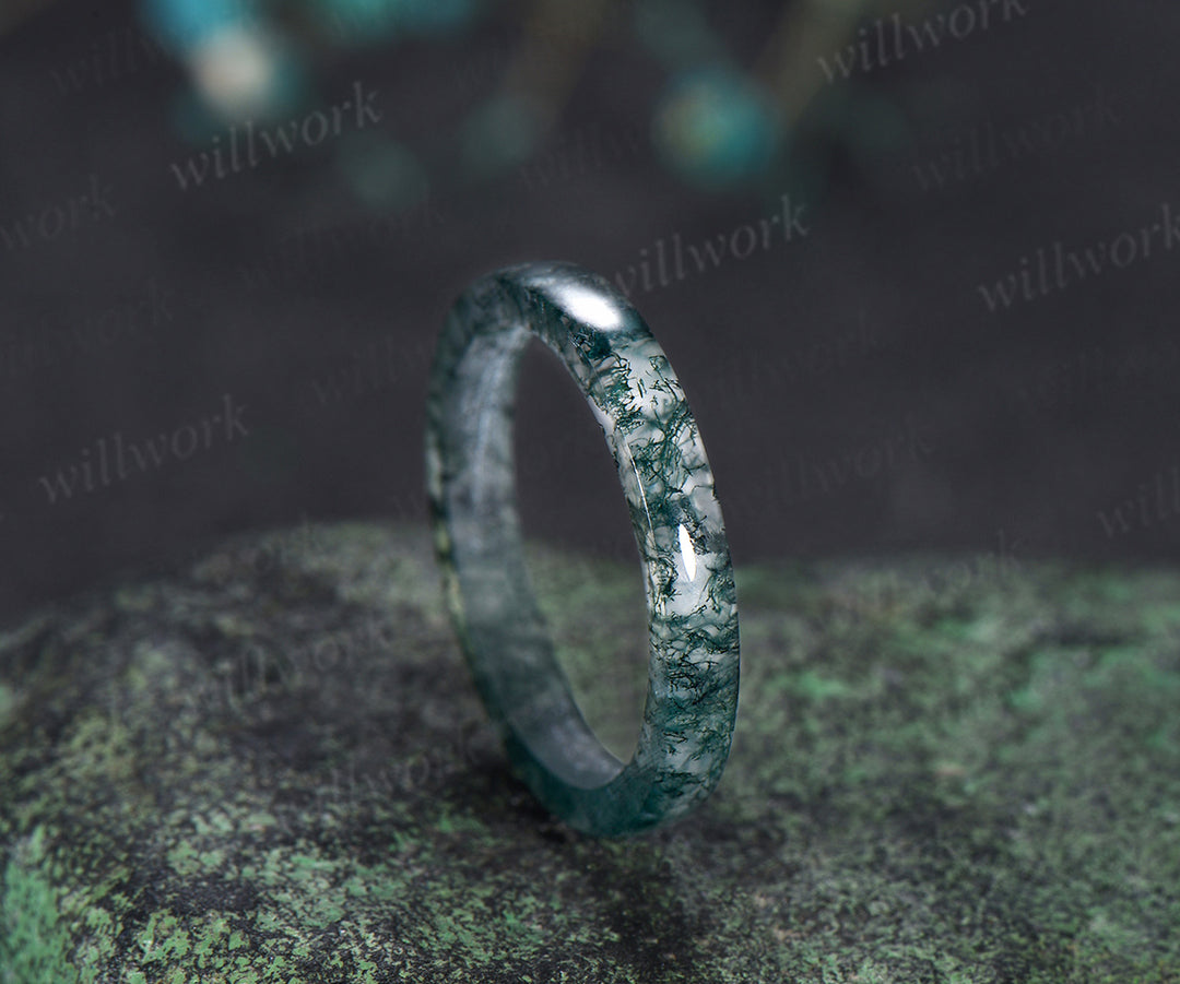 3mm natural moss agate band minimalist men band anniversary birthday gifts for him