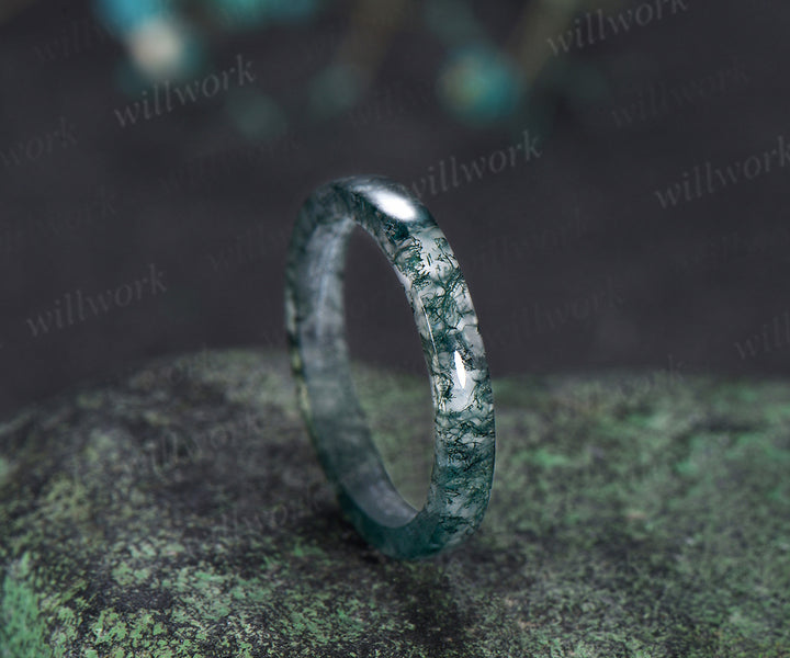 3mm natural moss agate band minimalist men band anniversary birthday gifts for him