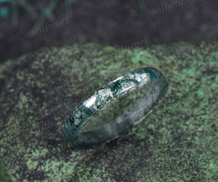 3mm natural moss agate band minimalist men band anniversary birthday gifts for him