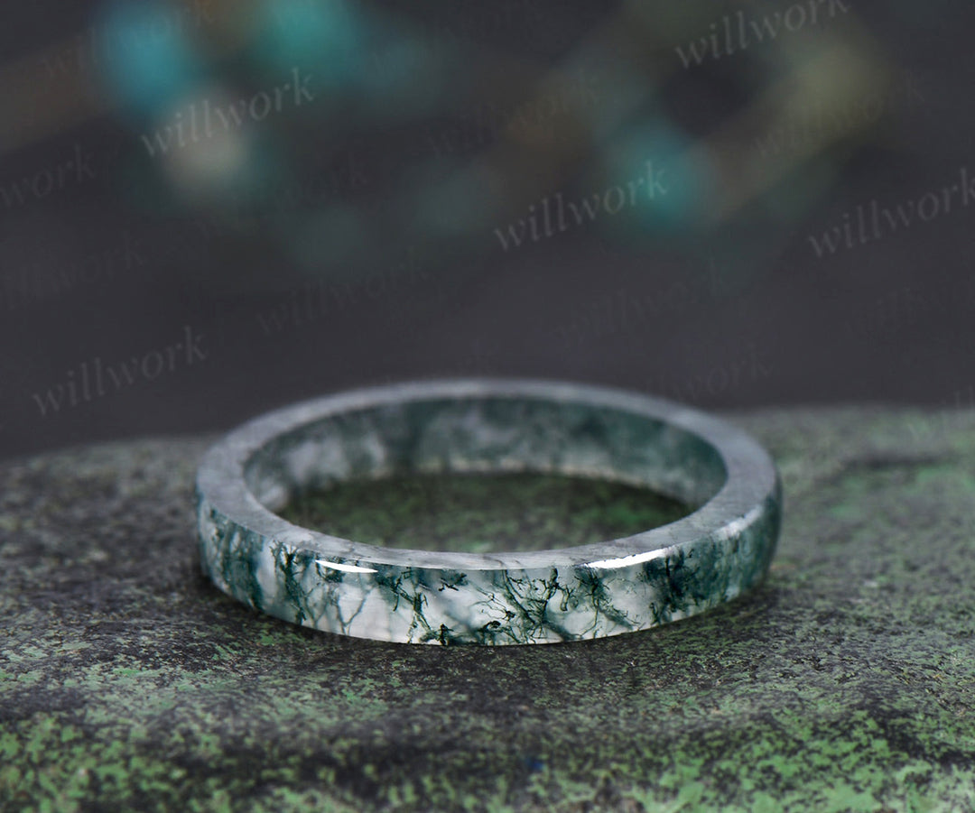 3mm natural moss agate band minimalist men band anniversary birthday gifts for him