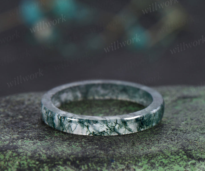 3mm natural moss agate band minimalist men band anniversary birthday gifts for him