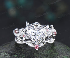 2ct Heart shaped moissanite engagement ring leaf floral diamond white gold Pink tourmaline wedding ring set women