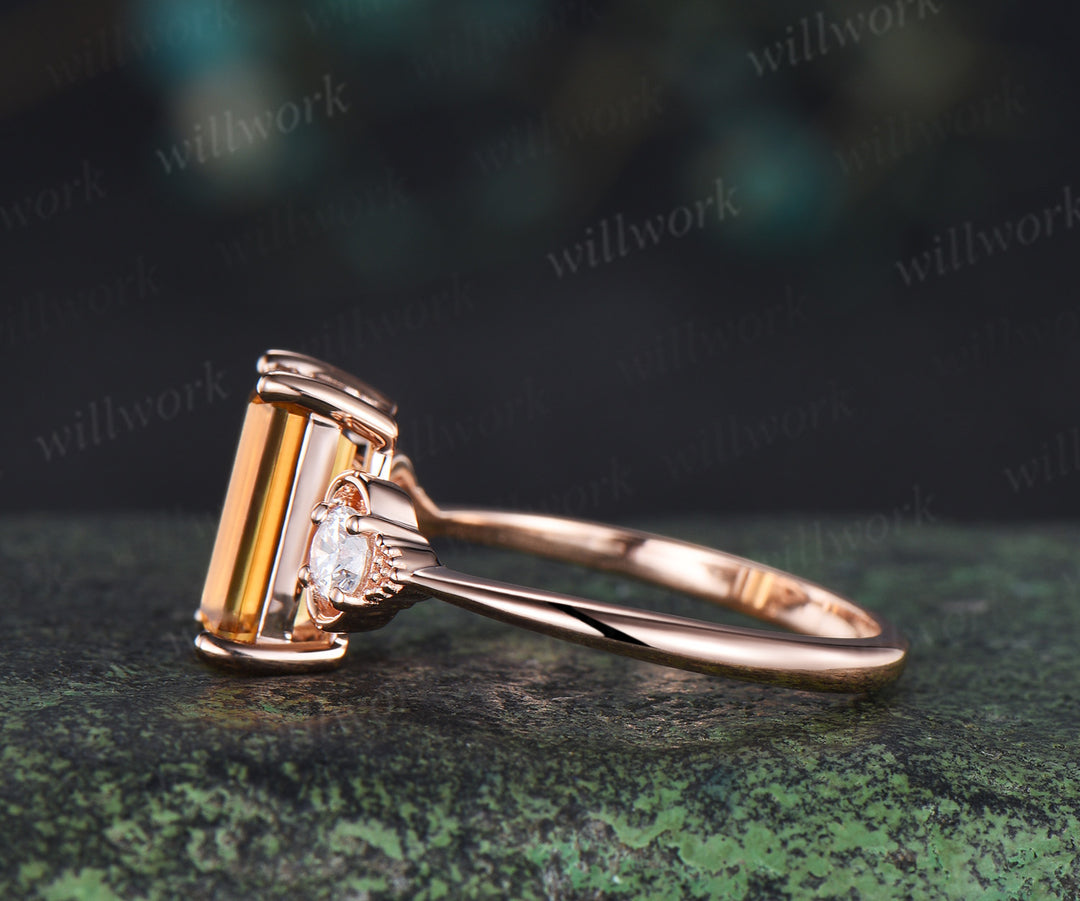 Emerald cut yellow citrine ring heart three stone citrine Engagement ring rose gold moissanite wedding ring women