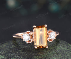 Emerald cut yellow citrine ring heart three stone citrine Engagement ring rose gold moissanite wedding ring women