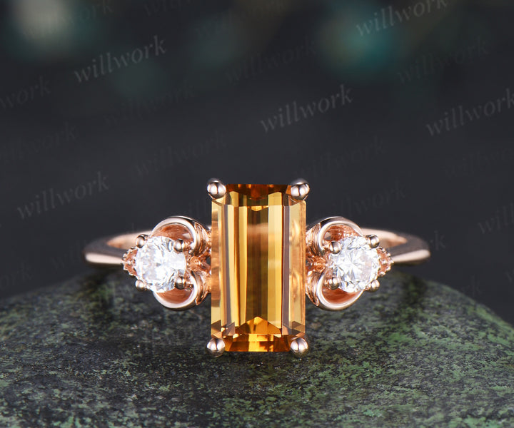 Emerald cut yellow citrine ring heart three stone citrine Engagement ring rose gold moissanite wedding ring women