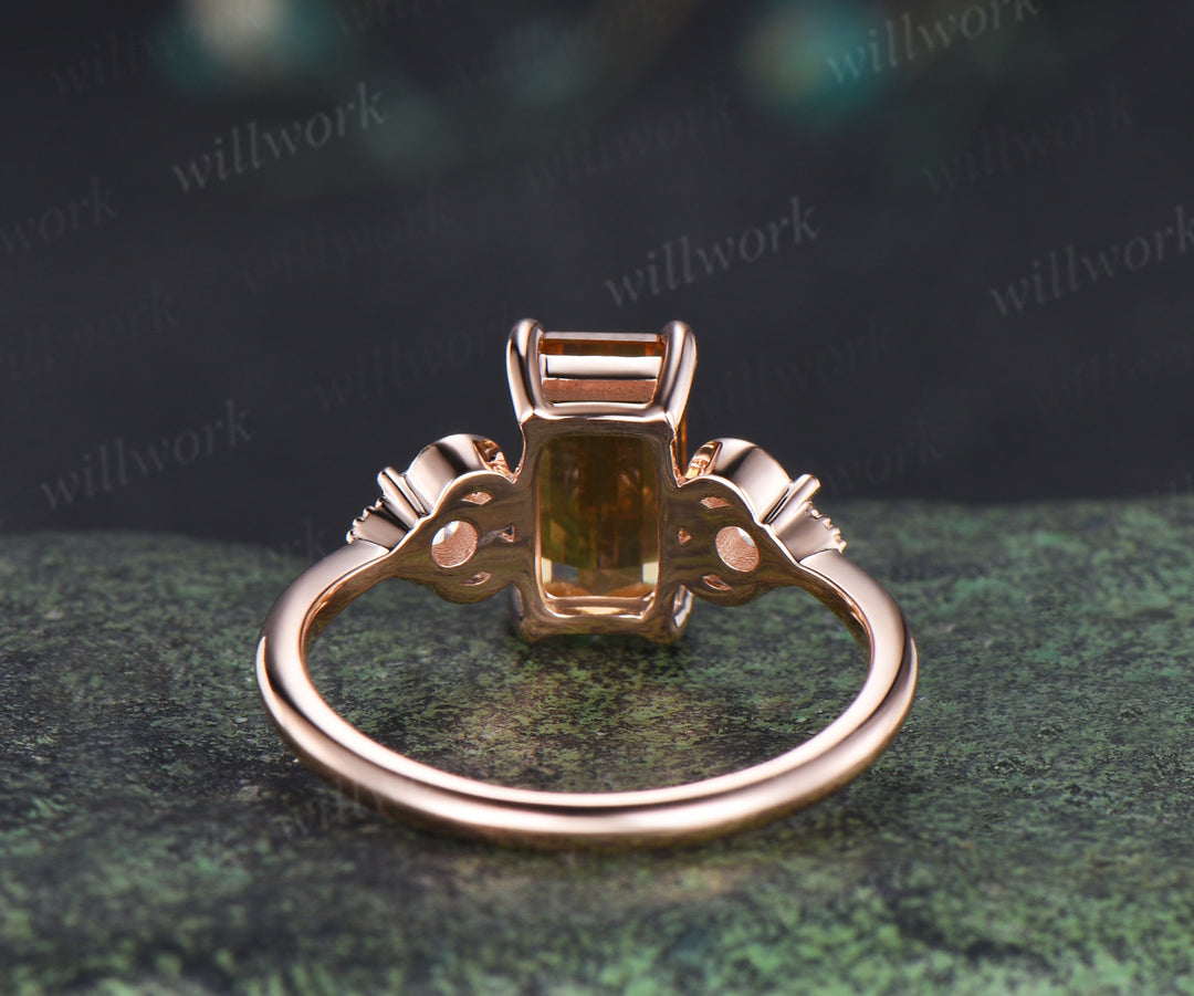 Emerald cut yellow citrine ring heart three stone citrine Engagement ring rose gold moissanite wedding ring women