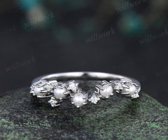 Cluster pearl wedding band 14k white gold moissanite irregular stacking bridal ring women anniversary gift