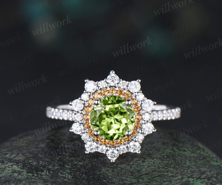 1ct round cut peridot ring double halo citrine unique Engagement Ring 18k white gold wedding ring women