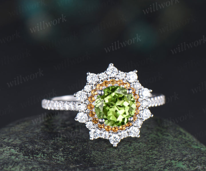 1ct round cut peridot ring double halo citrine unique Engagement Ring 18k white gold wedding ring women
