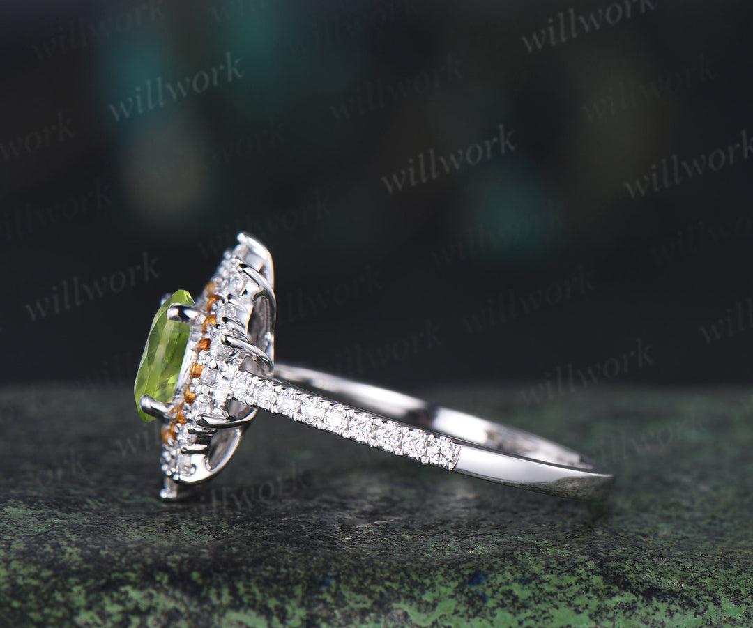1ct round cut peridot ring double halo citrine unique Engagement Ring 18k white gold wedding ring women