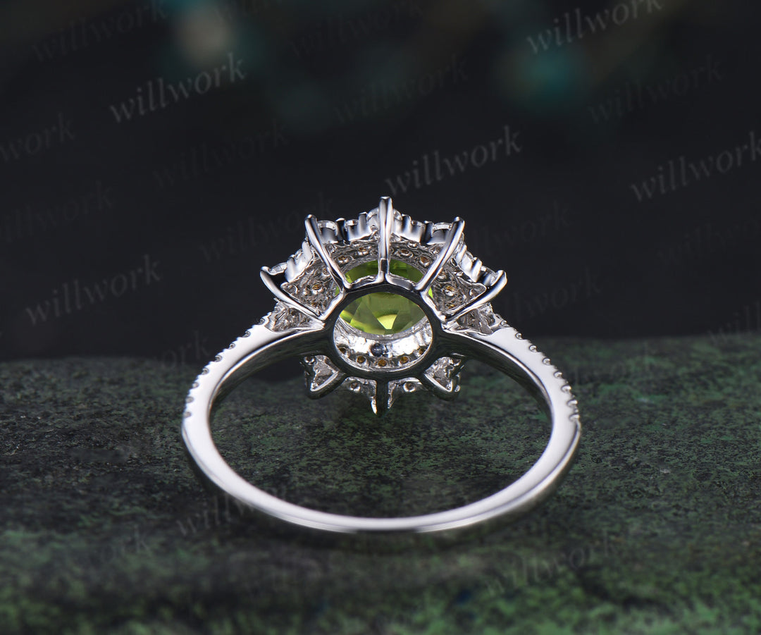 1ct round cut peridot ring double halo citrine unique Engagement Ring 18k white gold wedding ring women