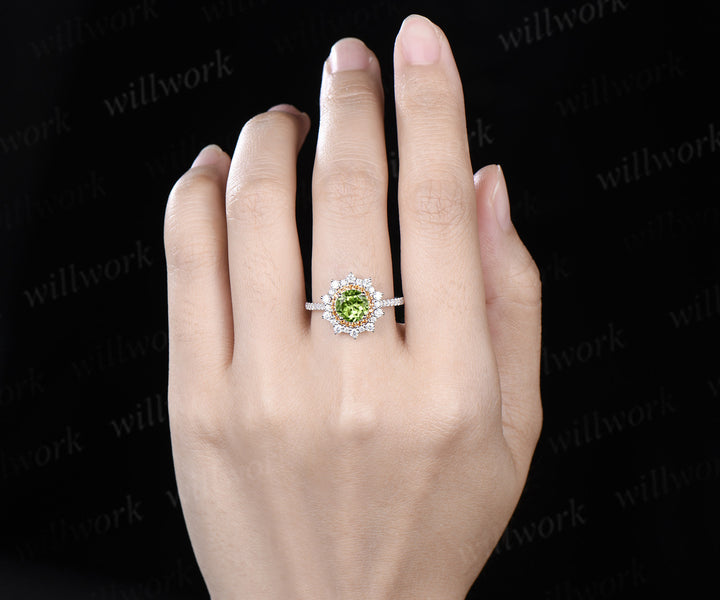 1ct round cut peridot ring double halo citrine unique Engagement Ring 18k white gold wedding ring women