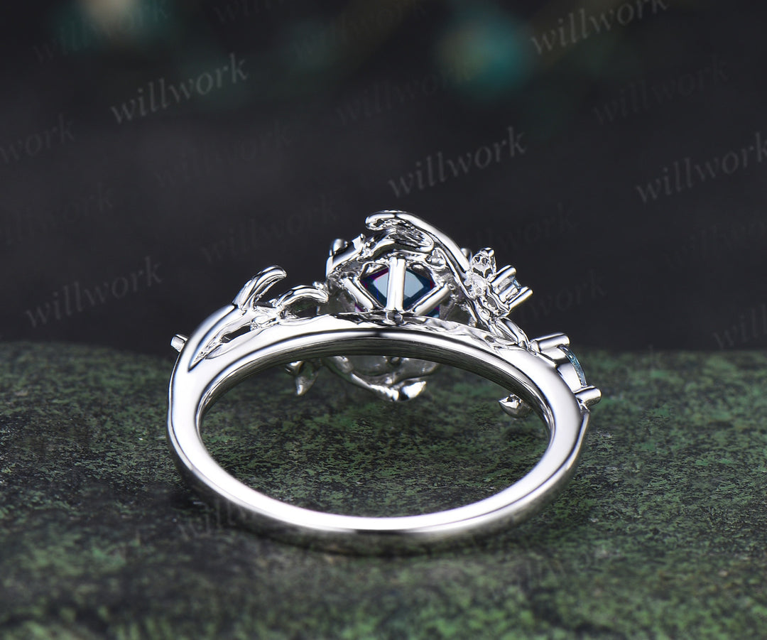 Hexagon cut alexandrite ring five stone nature inspired leaf halo engagement ring 14k white gold