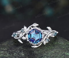 Hexagon cut alexandrite ring five stone nature inspired leaf halo engagement ring 14k white gold