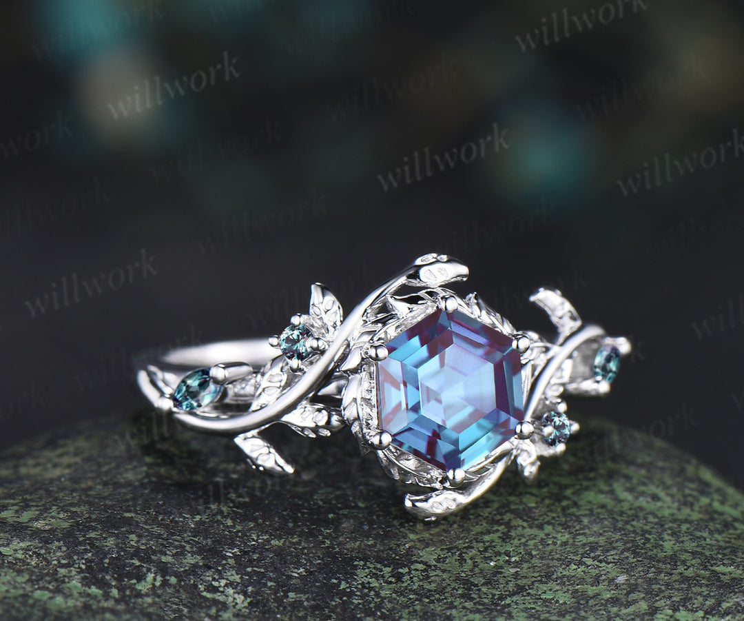 Hexagon cut alexandrite ring five stone nature inspired leaf halo engagement ring 14k white gold