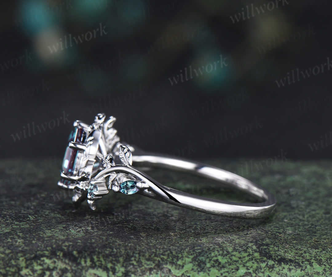 Hexagon cut alexandrite ring five stone nature inspired leaf halo engagement ring 14k white gold