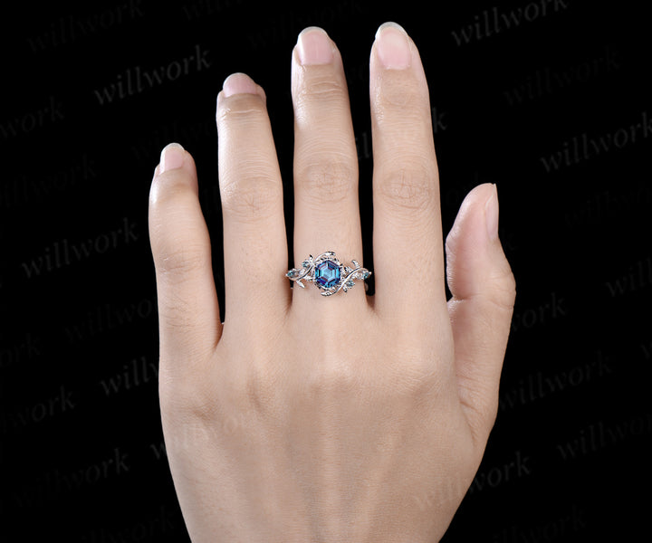 Hexagon cut alexandrite ring five stone nature inspired leaf halo engagement ring 14k white gold