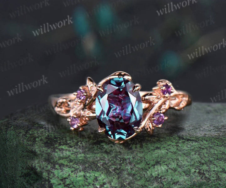 Vintage oval alexandrite engagement ring nature inspired leaf amethyst ring rose gold wedding band enhancer twisted bridal ring set women