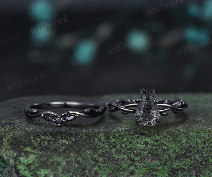 Retro Coffin Cut Natural Black Rutilated Quartz Engagement Ring Set Twig Vine Black Gothic Wedding Ring Set for Black Wedding Dress/Gown