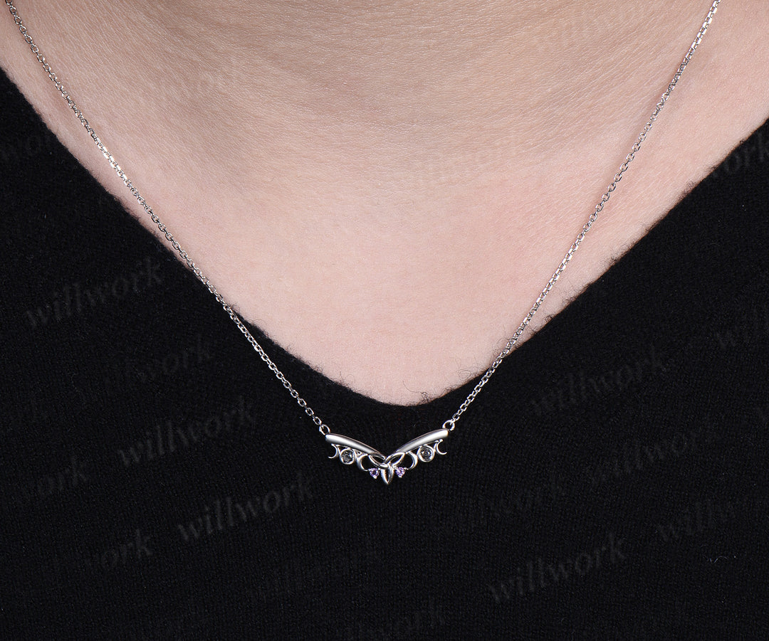 Vintage celtic know moon necklace amethyst black rutilated quartz V shape pendant solid white gold necklace for women