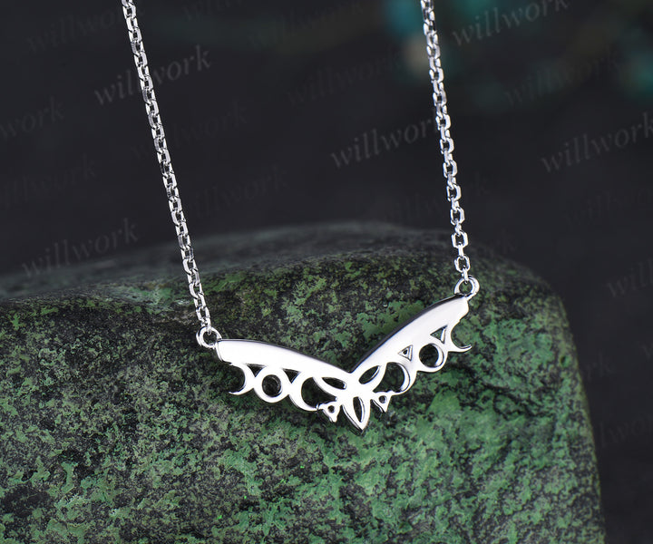Vintage celtic know moon necklace amethyst black rutilated quartz V shape pendant solid white gold necklace for women