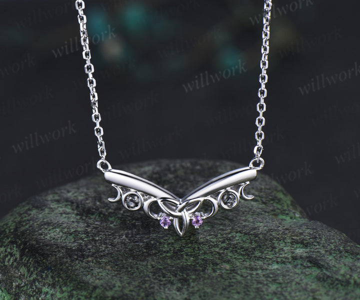 Vintage celtic know moon necklace amethyst black rutilated quartz V shape pendant solid white gold necklace for women
