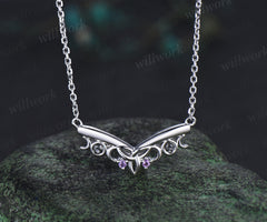 Vintage celtic know moon necklace amethyst black rutilated quartz V shape pendant solid white gold necklace for women