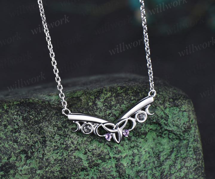 Vintage celtic know moon necklace amethyst black rutilated quartz V shape pendant solid white gold necklace for women