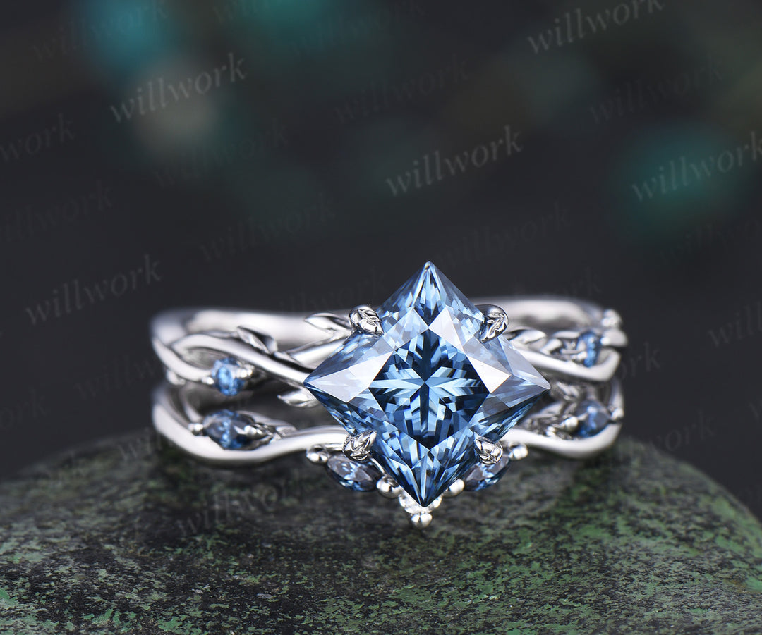 Princess cut blue moissanite engagement ring set 18k white gold infinity leaf prong unique wedding ring set women