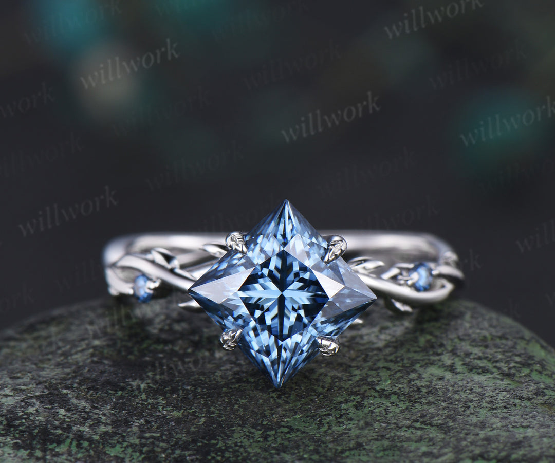 Princess cut blue moissanite engagement ring set 18k white gold infinity leaf prong unique wedding ring set women