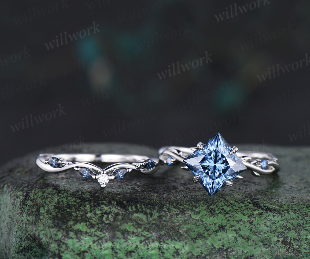 Princess cut blue moissanite engagement ring set 18k white gold infinity leaf prong unique wedding ring set women