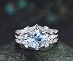 Princess cut natural aquamarine engagement ring set moissanite accent leaf matching band unique bridal set