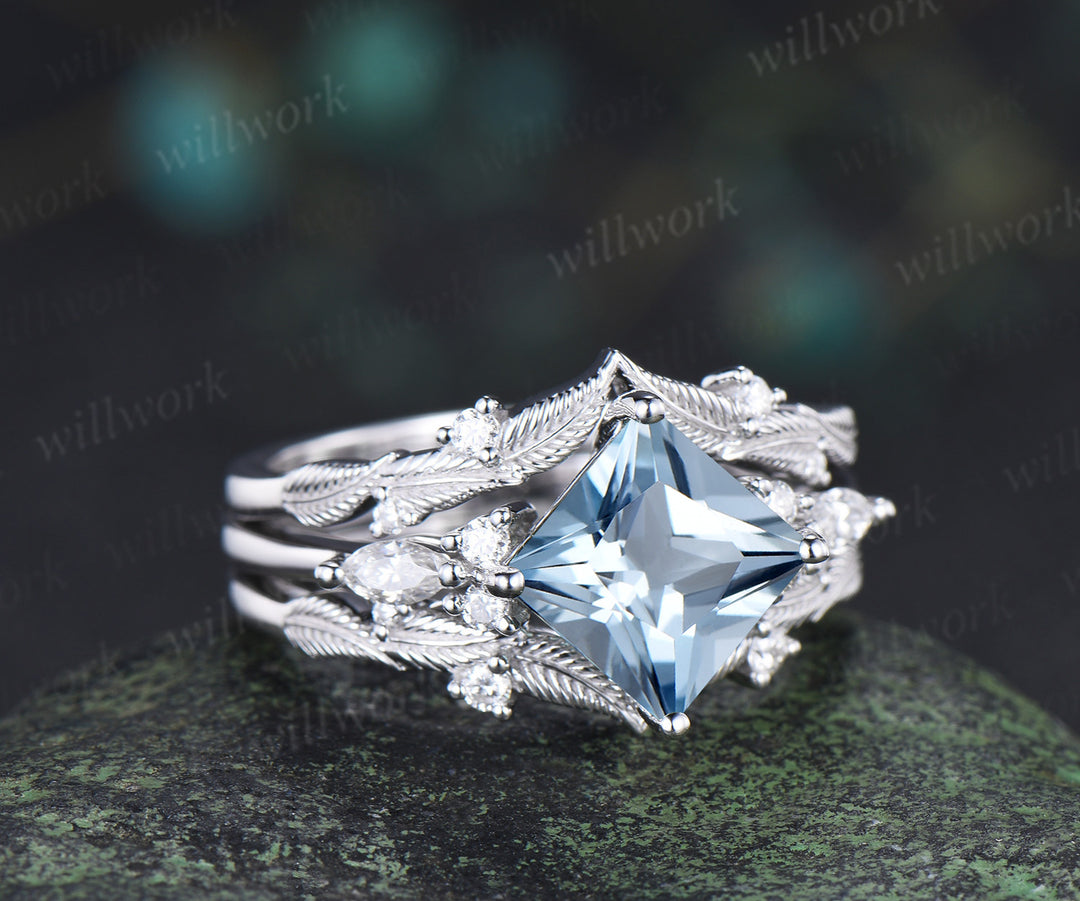 Princess cut natural aquamarine engagement ring set moissanite accent leaf matching band unique bridal set
